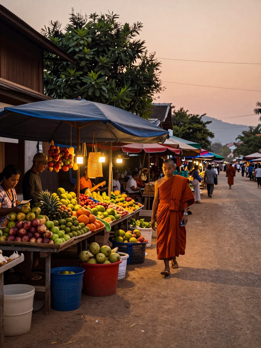 Luang Prabang Laos Evening Street Scene with Monk and Local Market Activity in in Luang Prabang, Laos