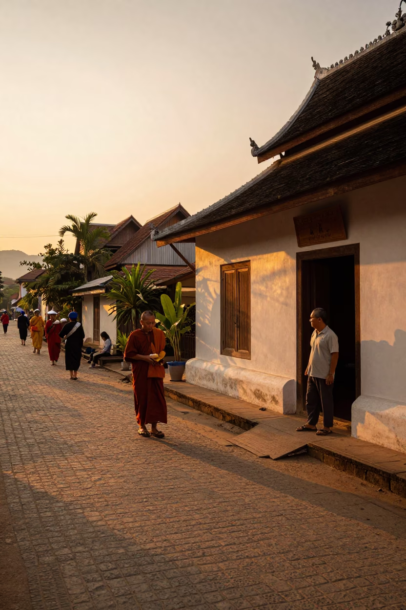 Luang Prabang Laos Evening Street Scene with Monk and Local Resident in in Luang Prabang, Laos
