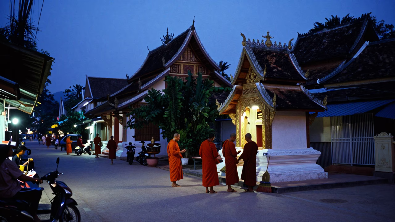 Luang Prabang Laos Evening Street Scene with Monks and Brooms in Indigo Twilight in in Luang Prabang, Laos
