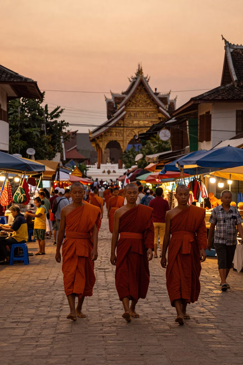 Luang Prabang Laos Evening Street Scene with Monks and Local Market Activity in in Luang Prabang, Laos