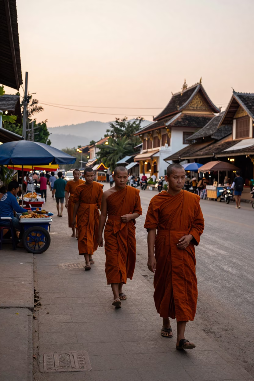 Luang Prabang Laos Evening Street Scene with Monks and Local Vendors in in Luang Prabang, Laos
