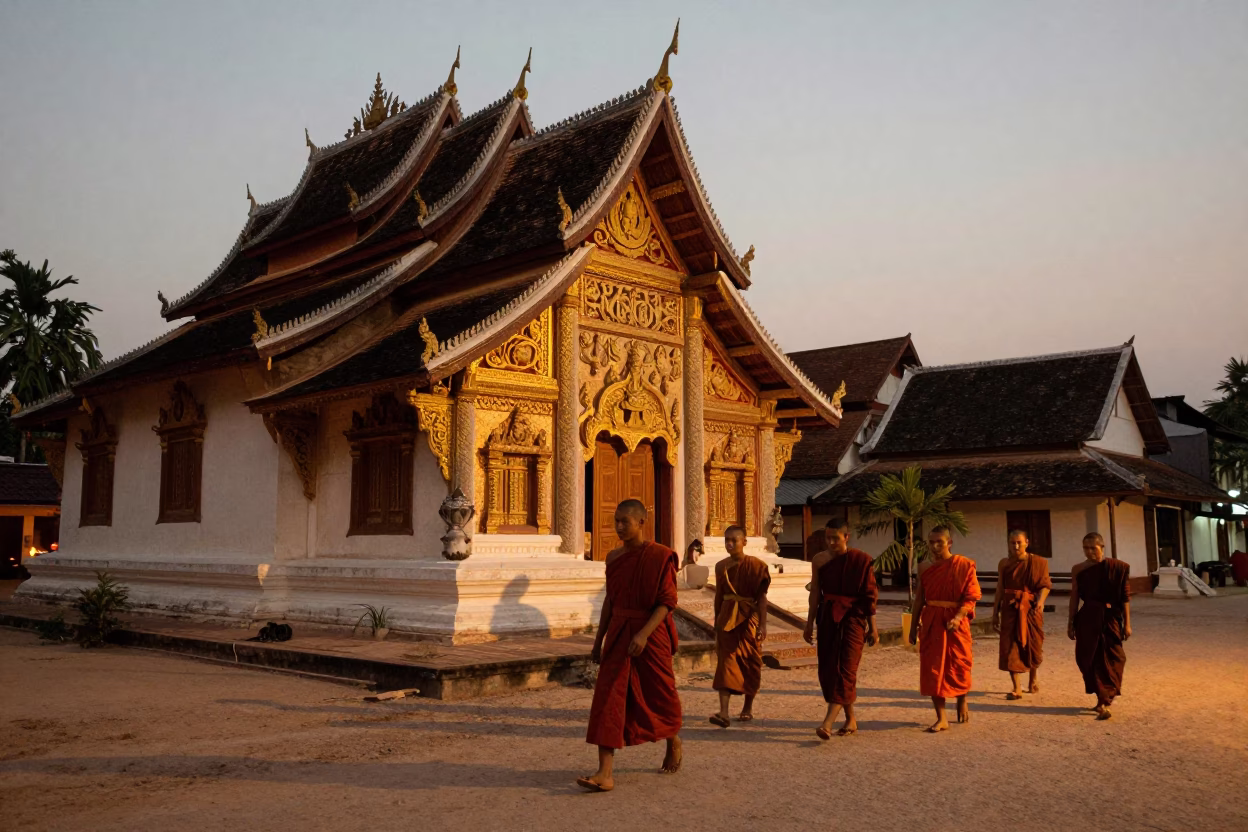 Luang Prabang Laos Evening Street Scene with Monks and Traditional Architecture in in Luang Prabang, Laos