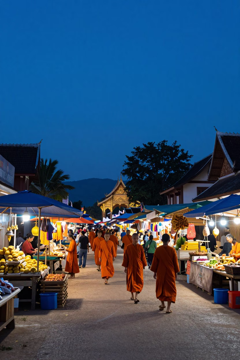 Luang Prabang Laos Evening Street Scene with Monks and Traditional Market Goods in in Luang Prabang, Laos