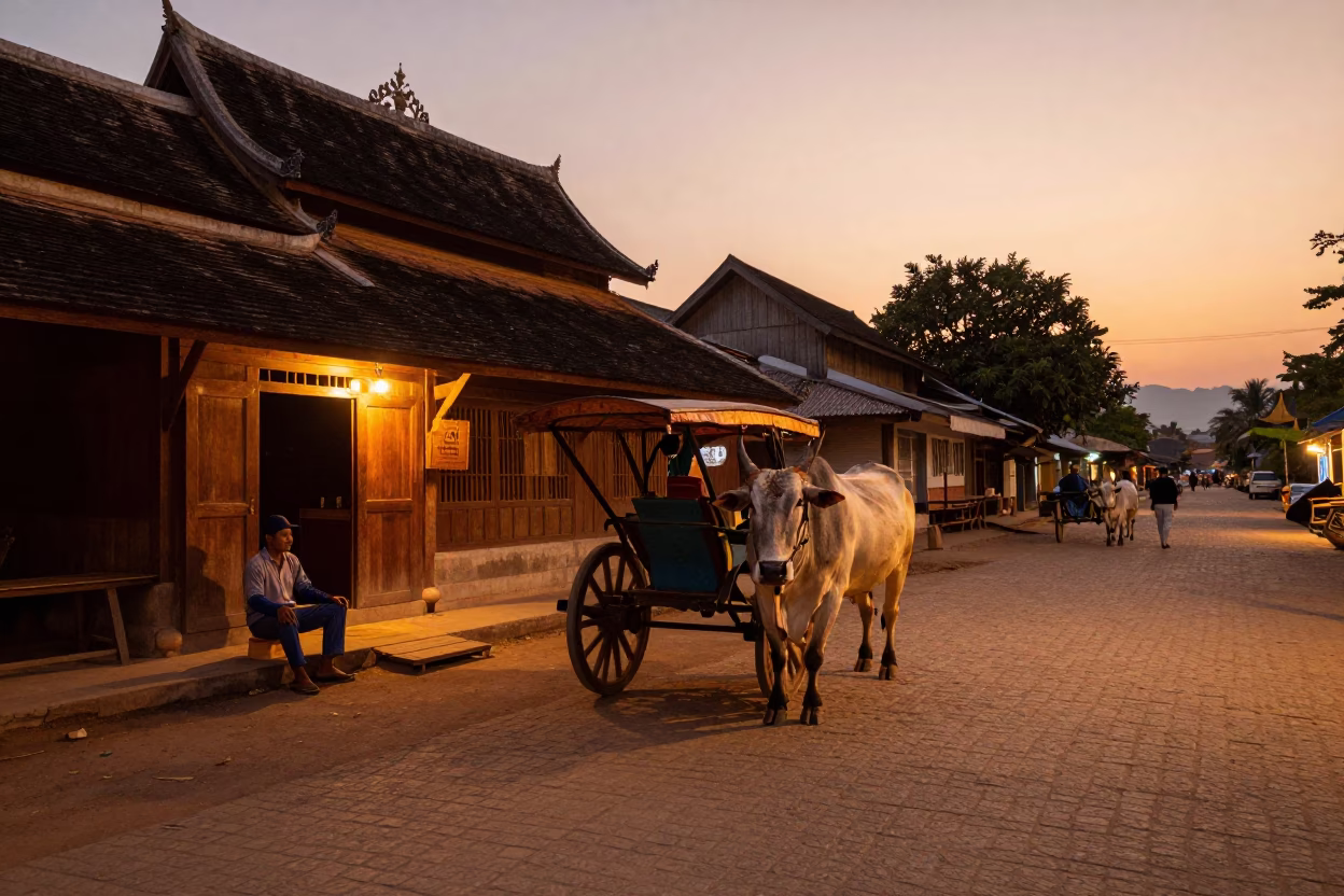 Luang Prabang Laos Evening Street Scene with Ox Cart and Local Life in in Luang Prabang, Laos