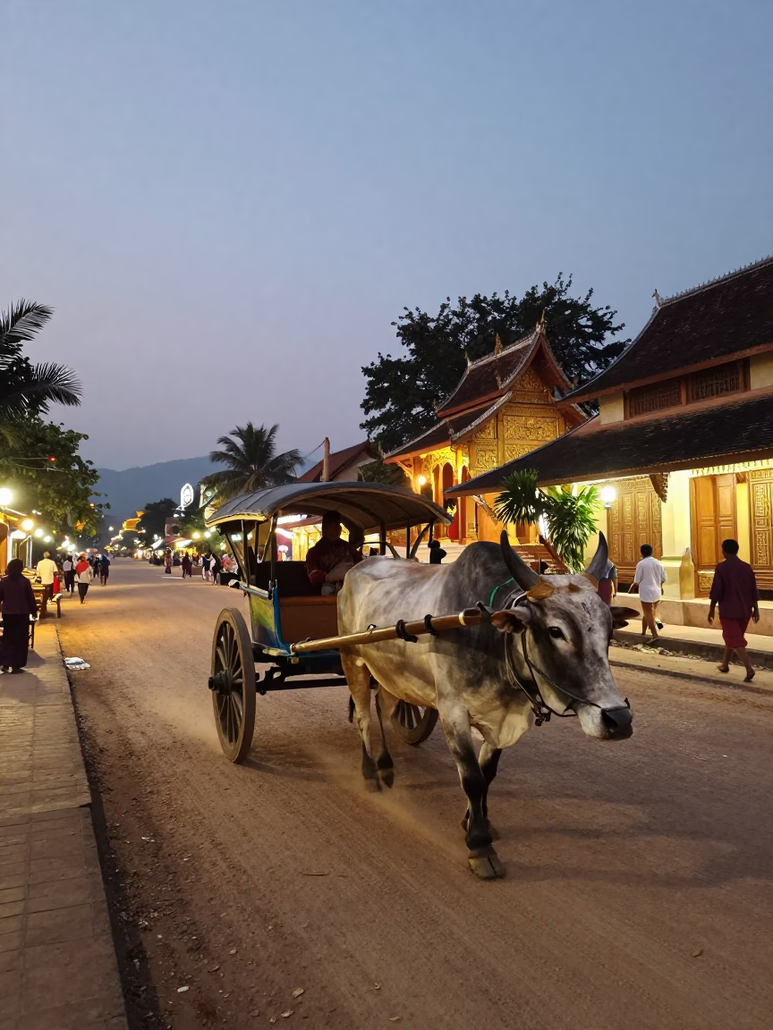 Luang Prabang Laos Evening Street Scene with Ox Cart and Temple Silhouette in in Luang Prabang, Laos