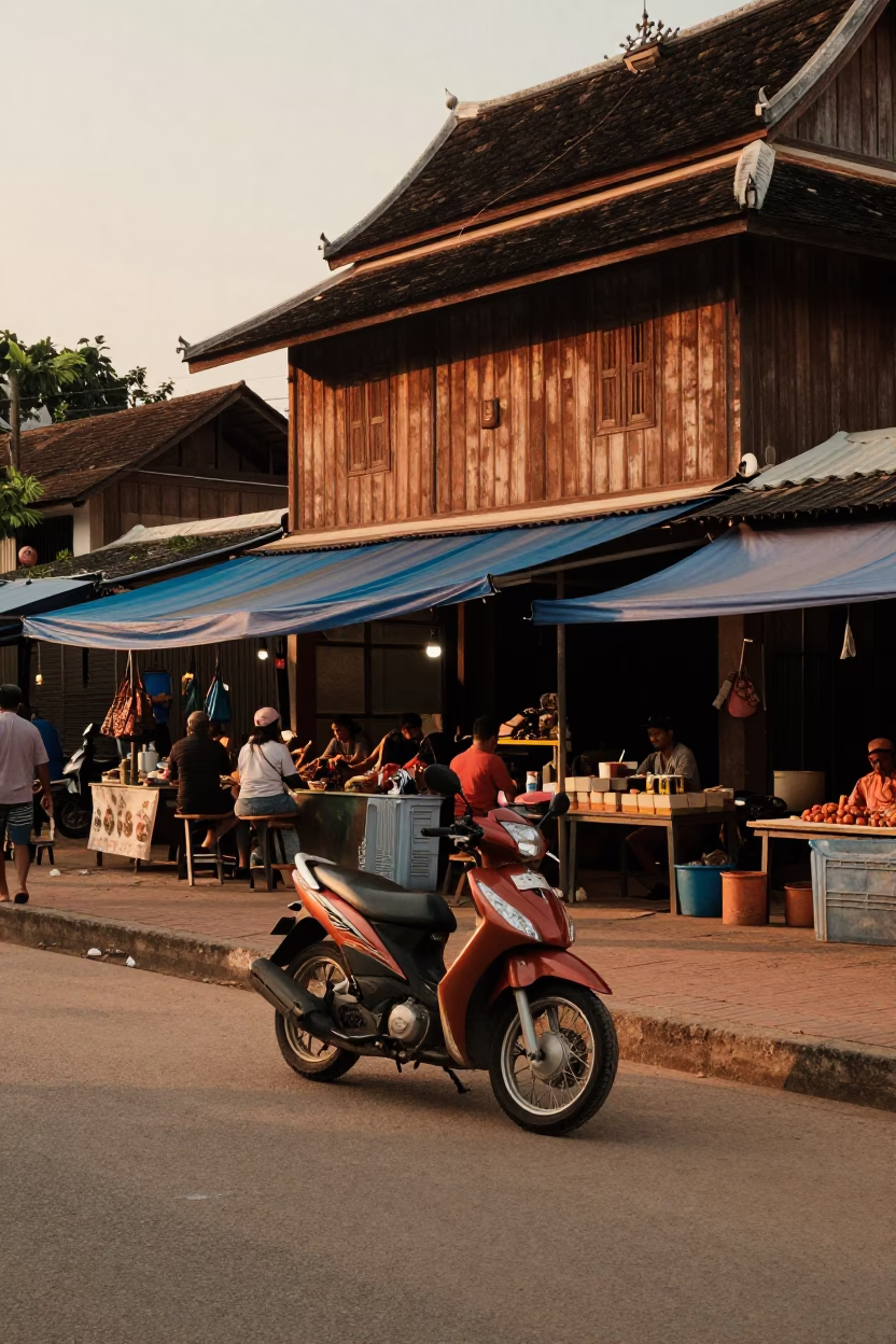 Luang Prabang Laos Evening Street Scene with Scooter and Local Market Activity in in Luang Prabang, Laos