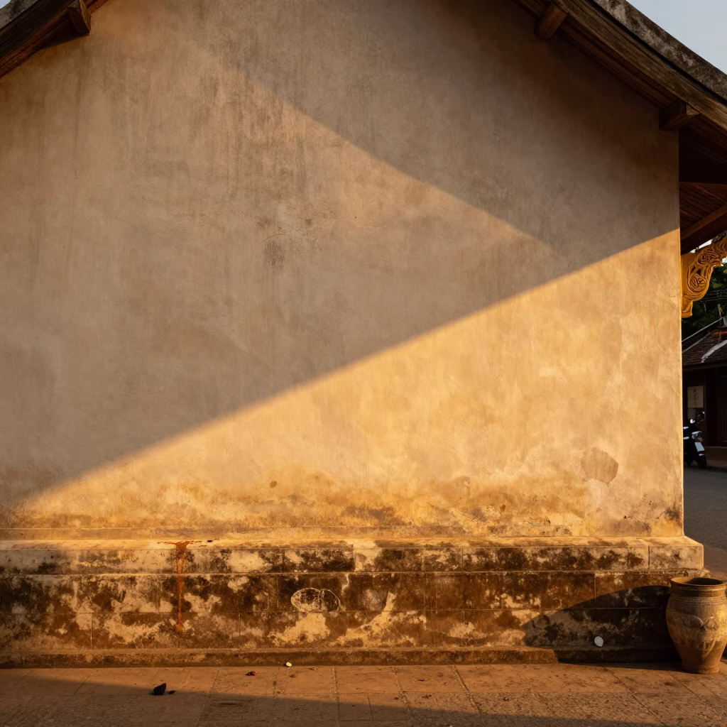 Luang Prabang Laos Evening Street Scene with Sun Stripe and Tea Stains in in Luang Prabang, Laos