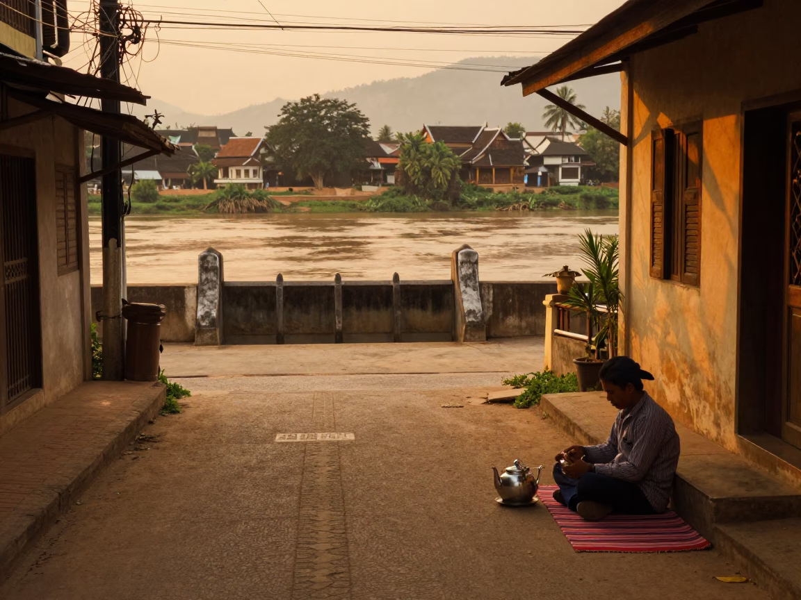 Luang Prabang Laos Evening Street Scene with Teapot and Striped Fabric in in Luang Prabang, Laos