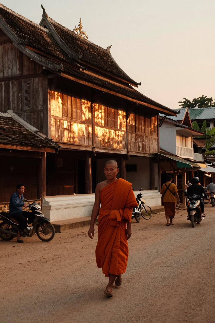 Luang Prabang Laos Evening Street Scene with Traditional Saffron Robes and Local Commerce in in Luang Prabang, Laos