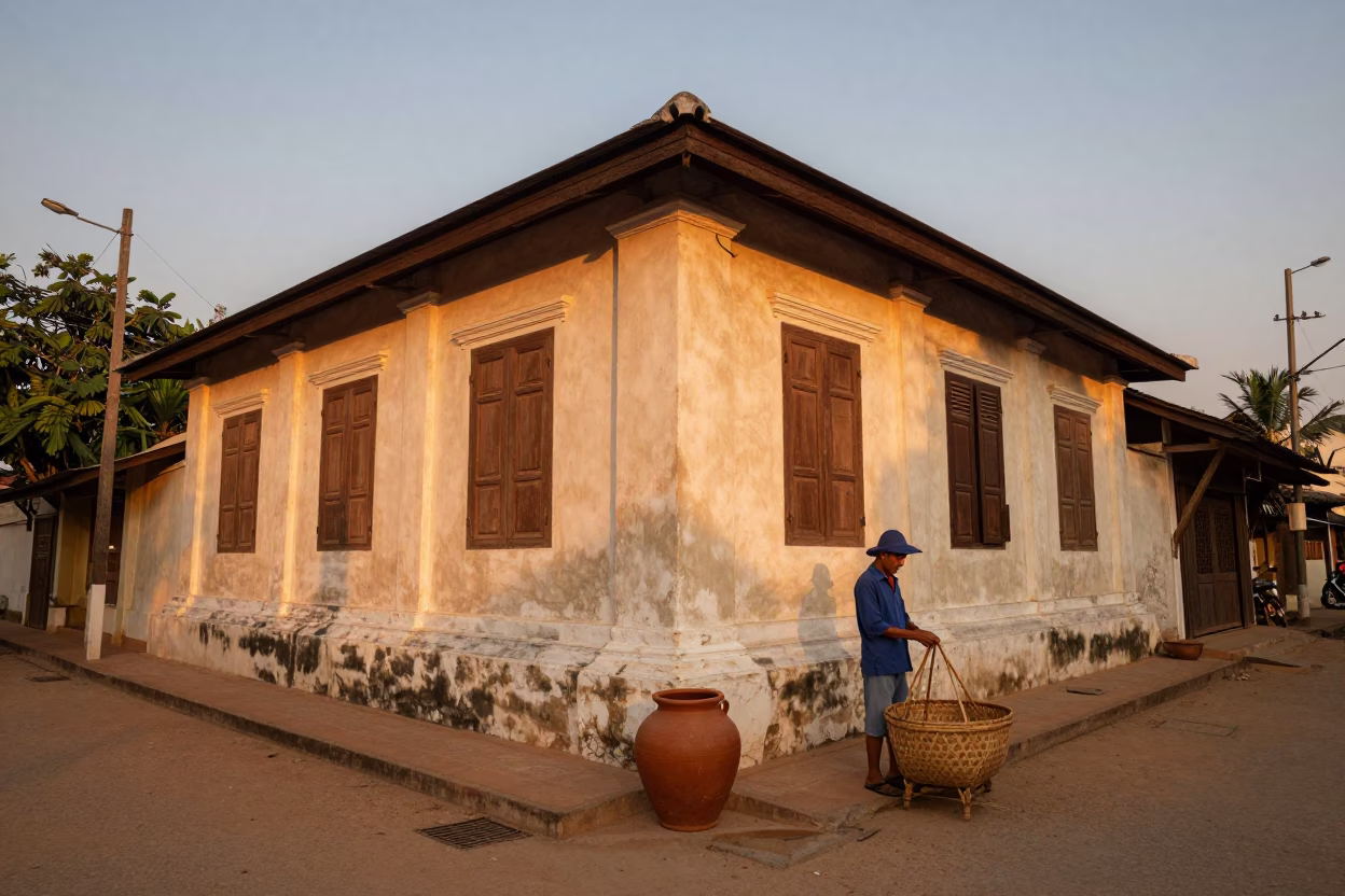 Luang Prabang Laos Golden Hour Street Scene with Clay Pot and Threadbare Fabric Details in in Luang Prabang, Laos