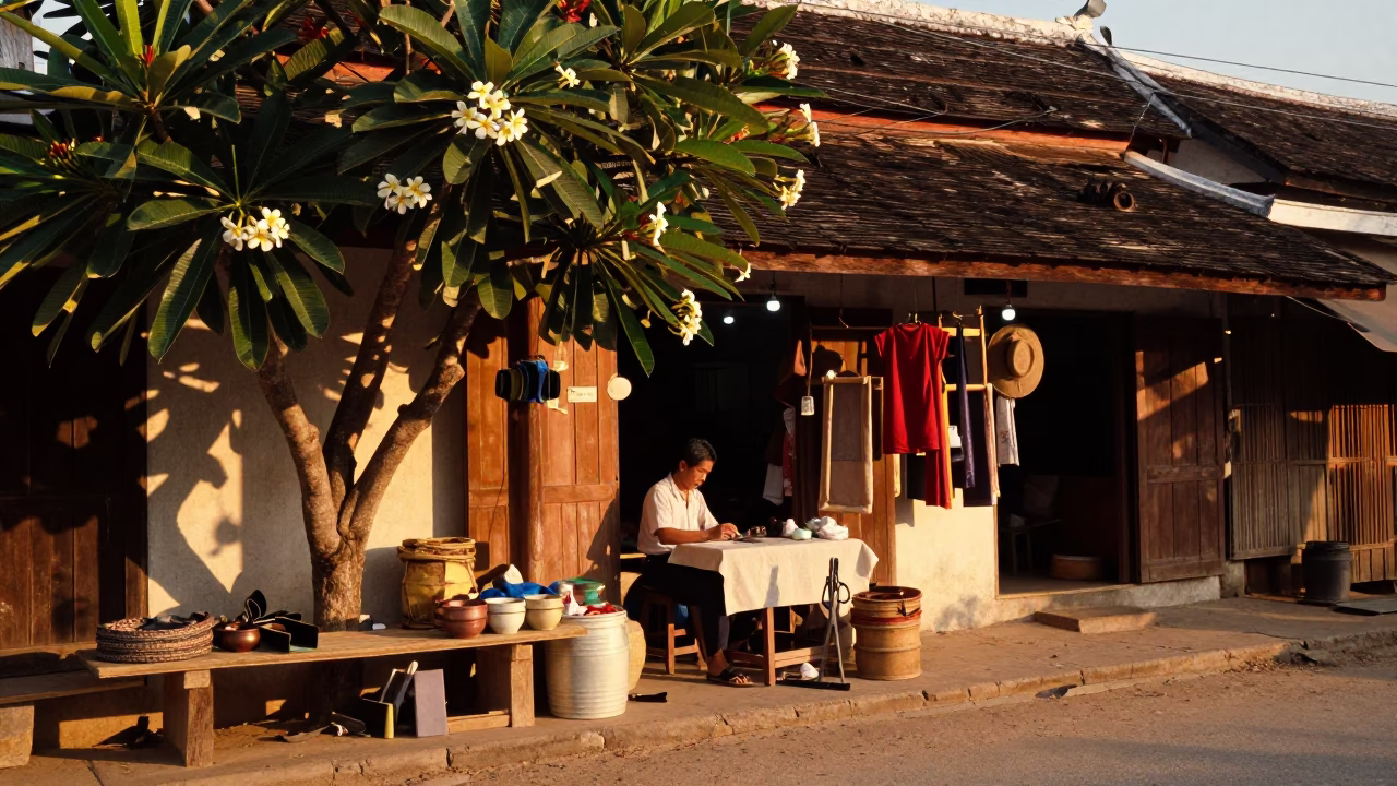 Luang Prabang Laos Golden Hour Street Scene with Frangipani and Traditional Life in in Luang Prabang, Laos