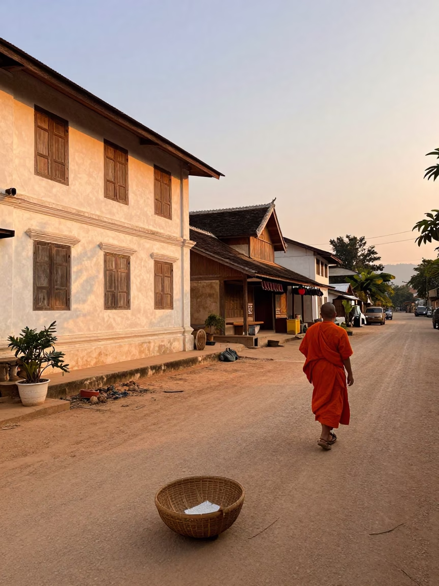 Luang Prabang Laos Golden Hour Street Scene with Mending Basket and Local Life in in Luang Prabang, Laos
