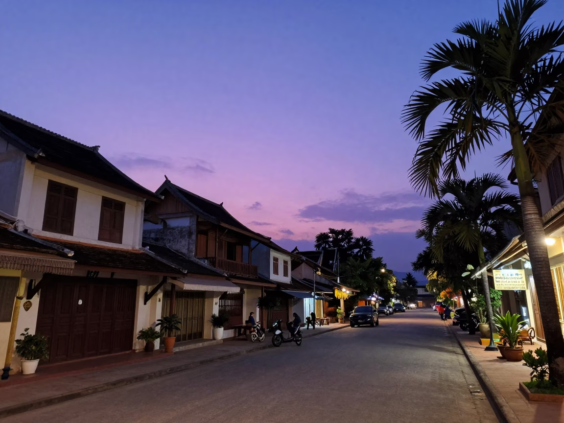 Luang Prabang Laos Indigo Twilight Street Scene with Date Palm and Broom in in Luang Prabang, Laos
