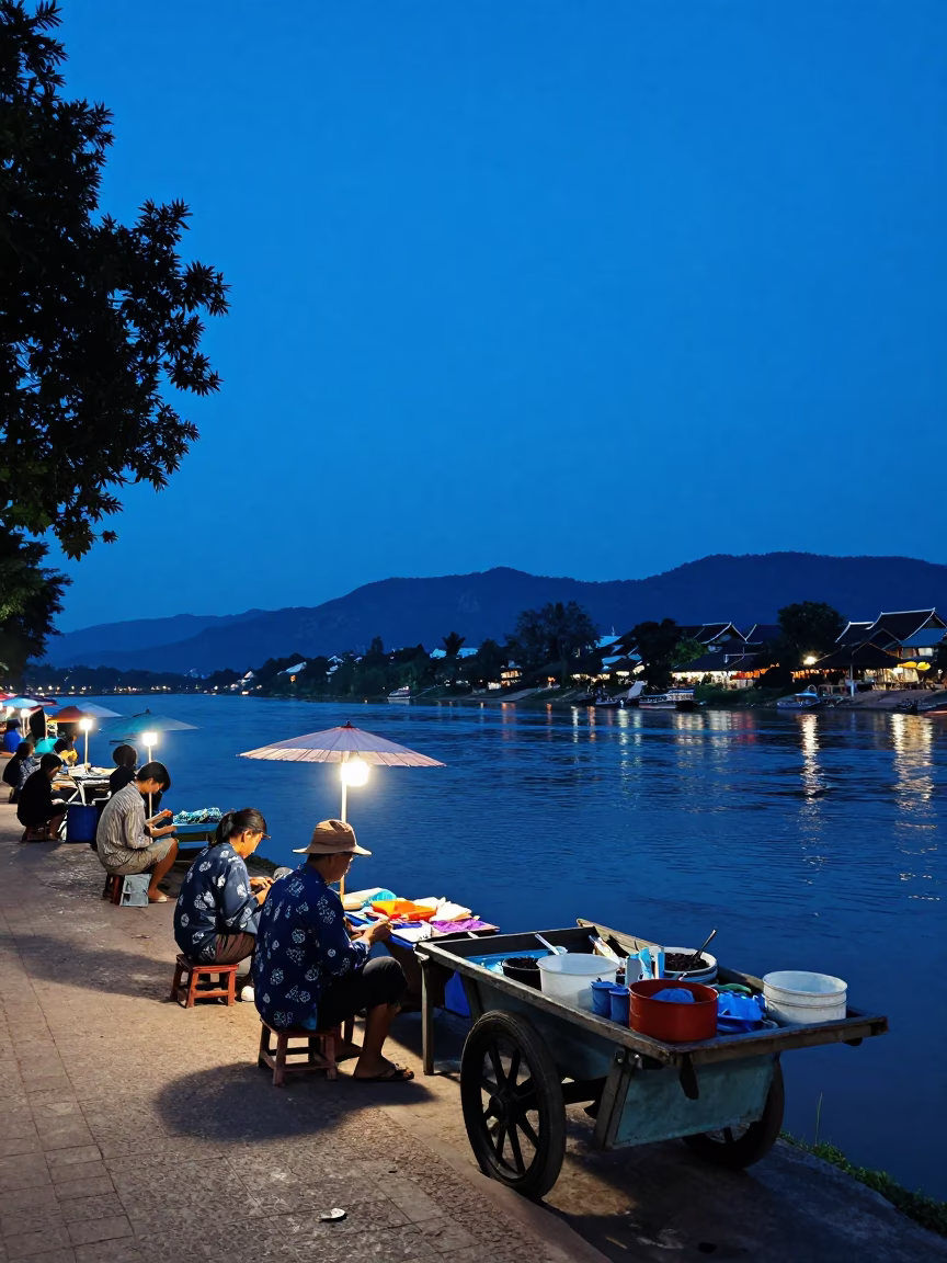Luang Prabang Laos indigo twilight street scene with local artisans and traditional artifacts in in Luang Prabang, Laos