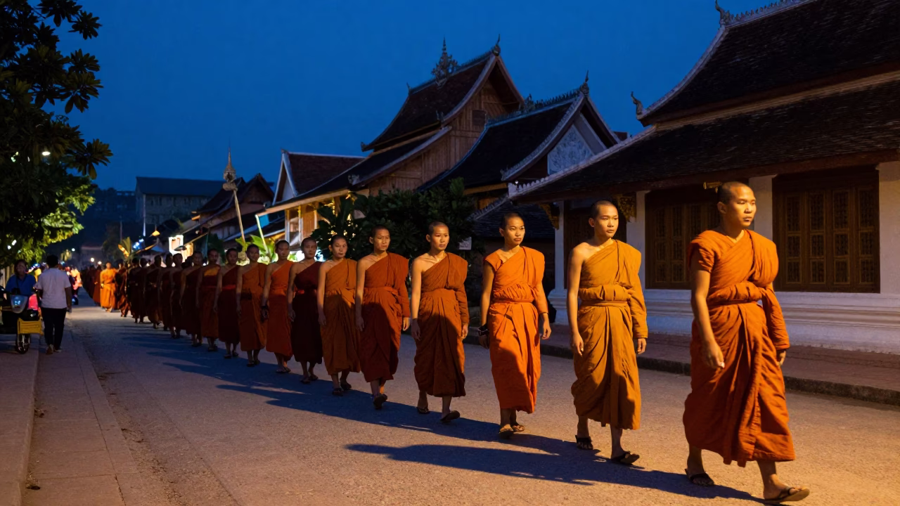 Luang Prabang Laos indigo twilight street scene with monk alms and traditional architecture in in Luang Prabang, Laos