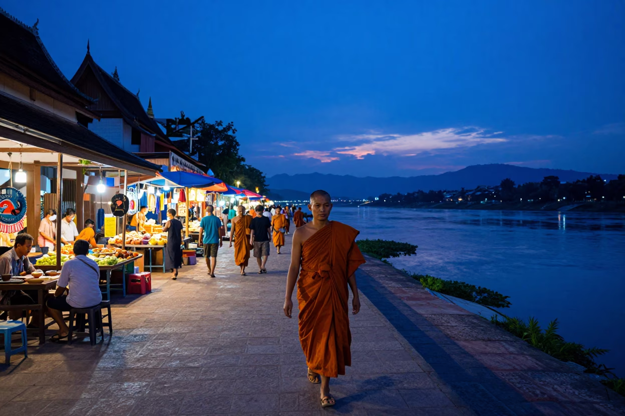 Luang Prabang Laos Indigo Twilight Street Scene with Monk and Traditional Market in in Luang Prabang, Laos