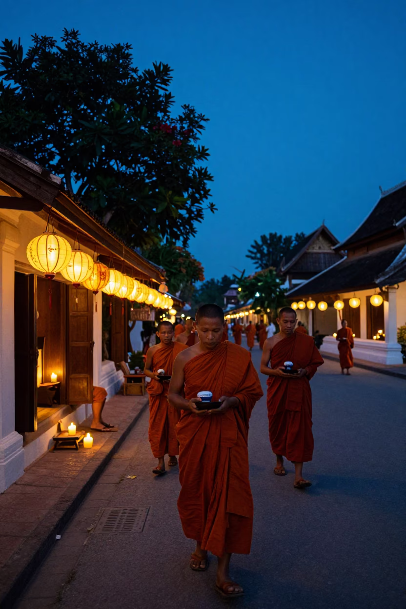 Luang Prabang Laos indigo twilight street scene with monks and lanterns in in Luang Prabang, Laos
