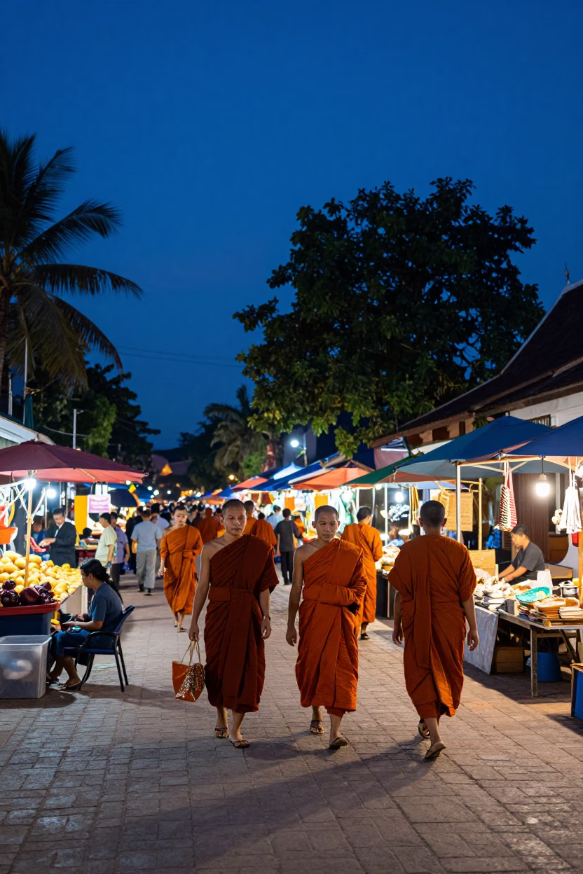 Luang Prabang Laos indigo twilight street scene with monks and locals in in Luang Prabang, Laos