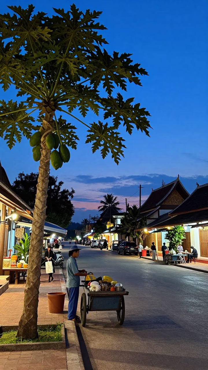Luang Prabang Laos indigo twilight street scene with papaya tree and local vendor in in Luang Prabang, Laos