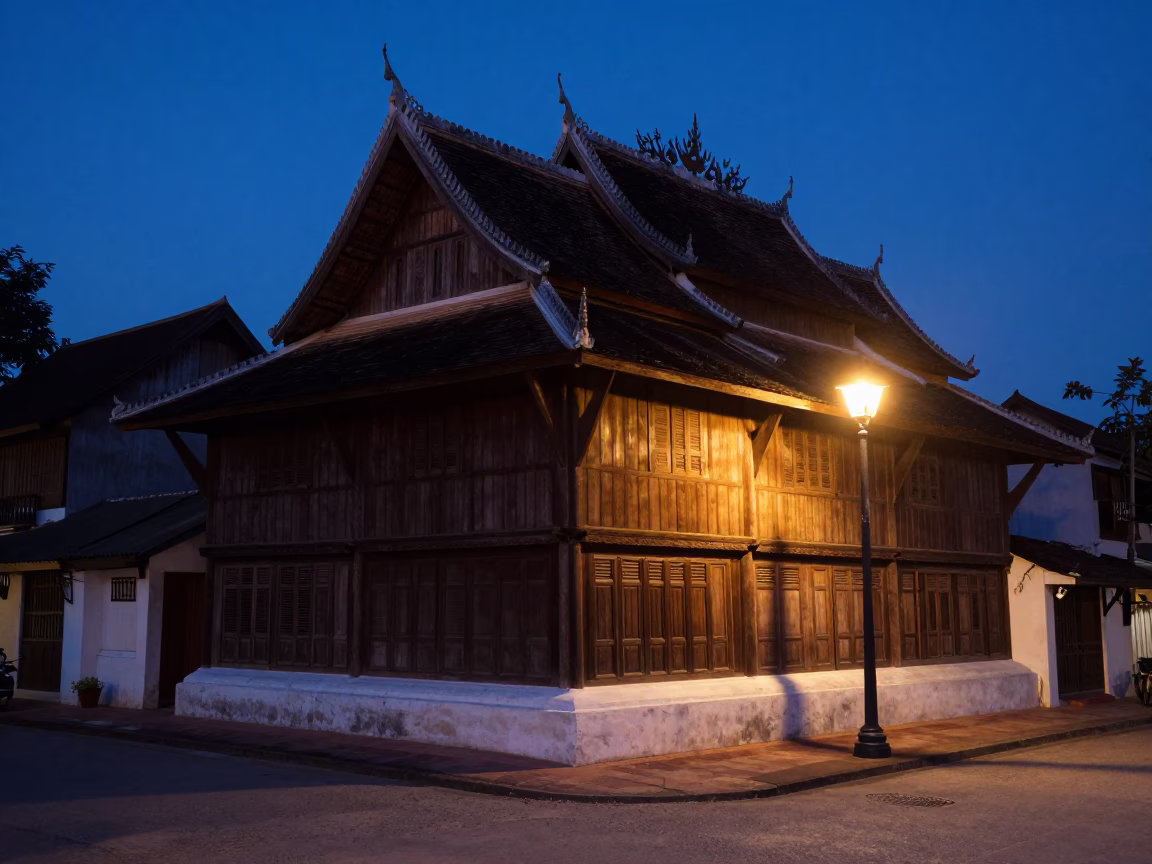 Luang Prabang Laos indigo twilight street scene with traditional architecture and local life in in Luang Prabang, Laos
