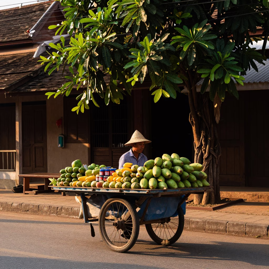 Luang Prabang Laos Late Afternoon Street Scene with Fruit Vendor and Monks in in Luang Prabang, Laos