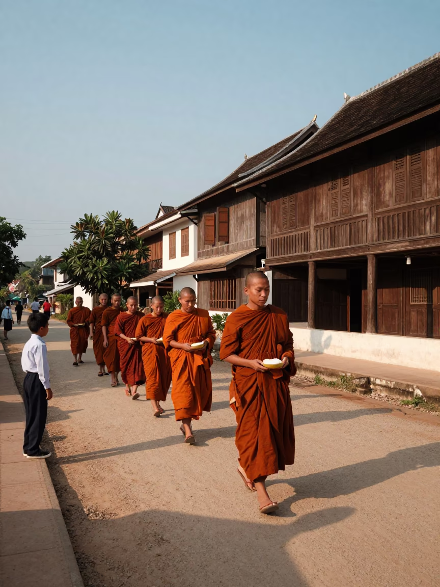 Luang Prabang Laos Late Afternoon Street Scene with Monk Alms and Local Life in in Luang Prabang, Laos
