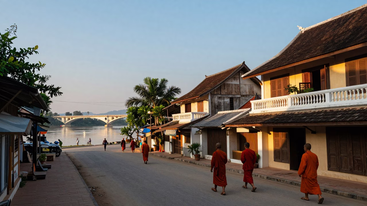 Luang Prabang Laos Late Afternoon Street Scene with Monks and Traditional Architecture in in Luang Prabang, Laos