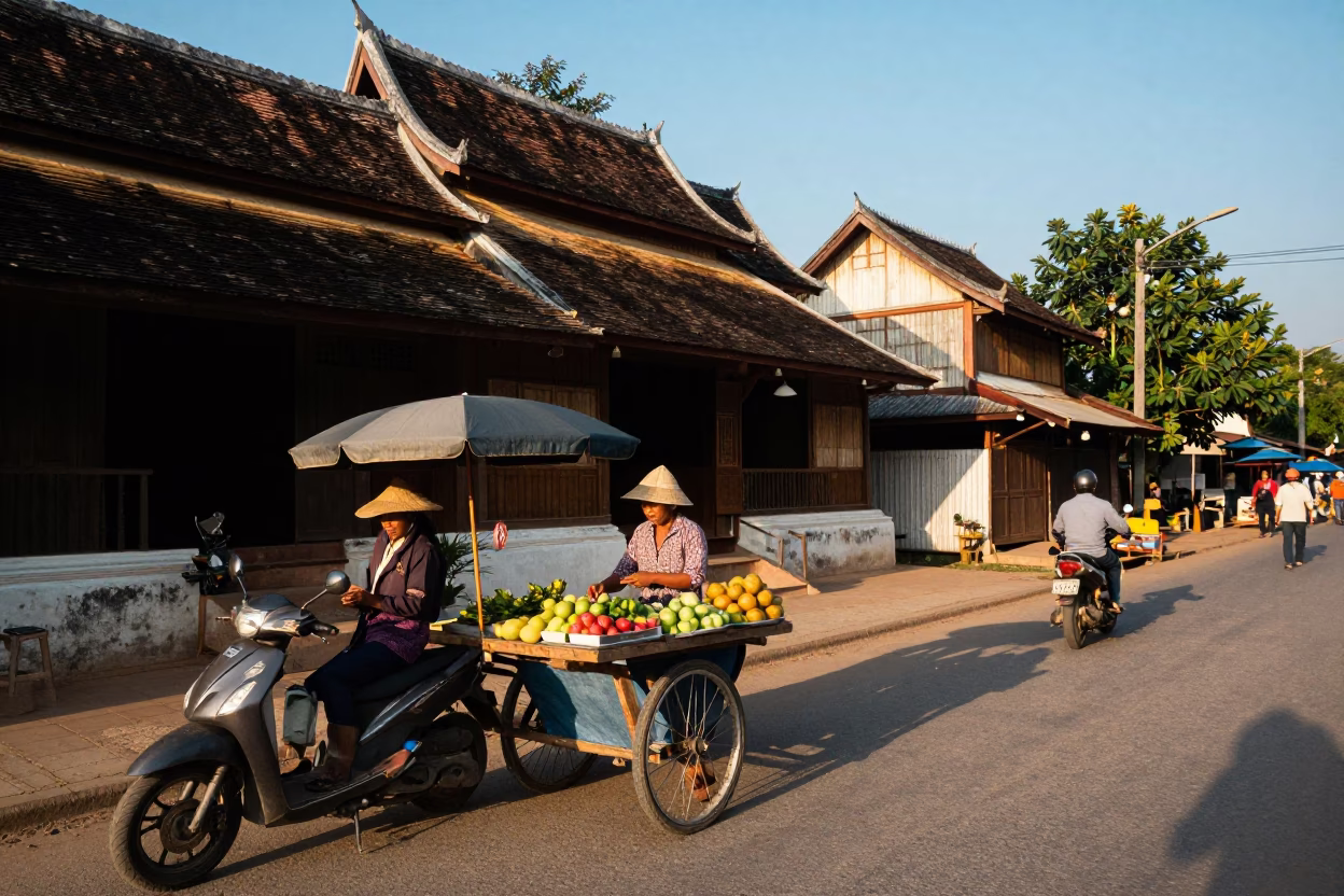 Luang Prabang Laos Late Afternoon Street Scene with Scooter and Traditional Architecture in in Luang Prabang, Laos