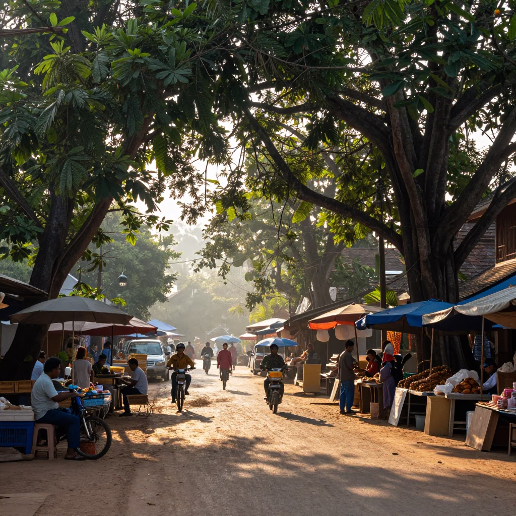 Luang Prabang Laos Late Morning Street Scene with Local Market Activity in in Luang Prabang, Laos