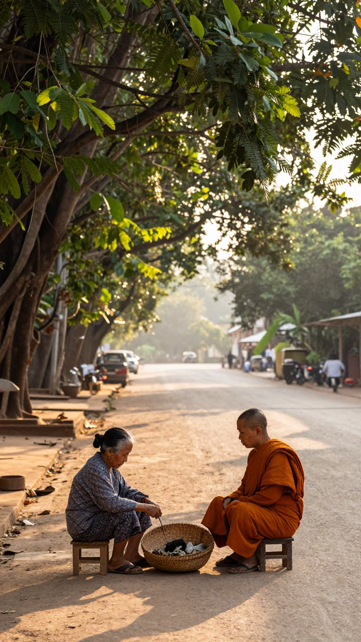 Luang Prabang Laos Late Morning Street Scene with Mending Basket and Onions in in Luang Prabang, Laos