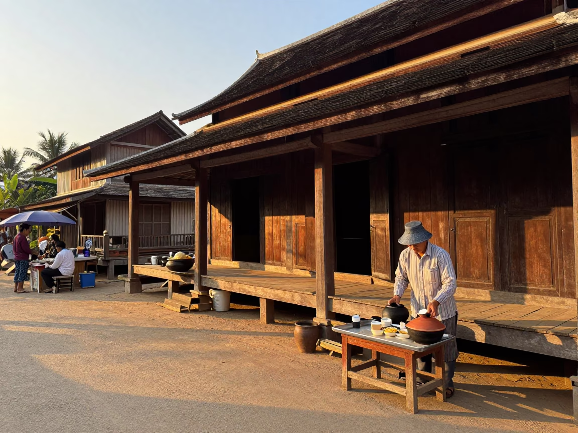 Luang Prabang Laos Morning Market Street Scene First Light Dawn in in Luang Prabang, Laos