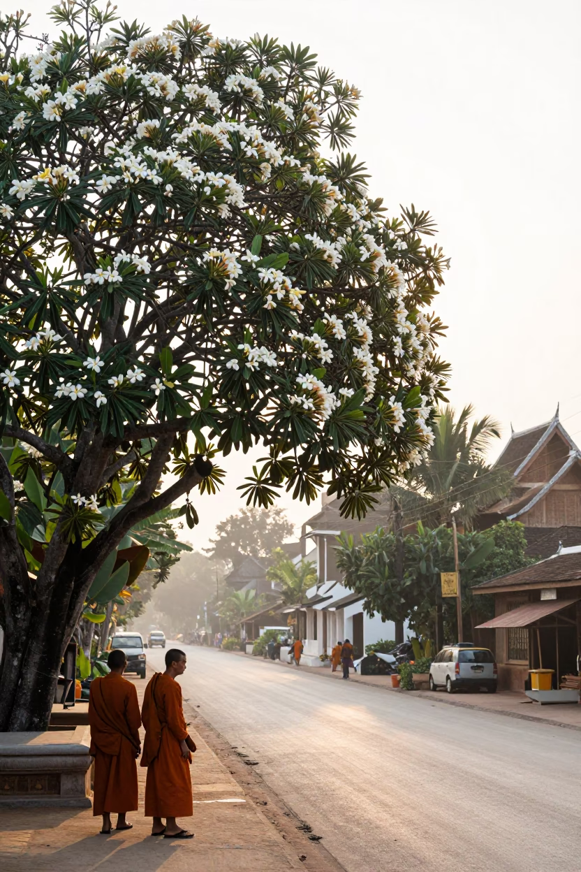 Luang Prabang Laos Morning Street Scene with Frangipani Tree and Monks in in Luang Prabang, Laos