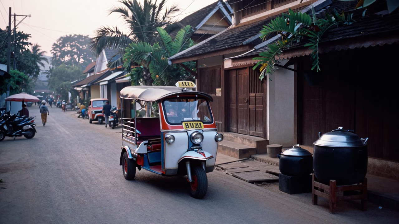 Luang Prabang Laos Morning Street Scene with Tuk-Tuk and Cooking Pot in in Luang Prabang, Laos