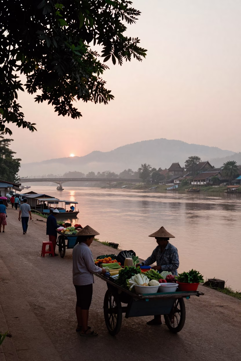 Luang Prabang Laos Nautical Dawn Street Scene with Local Life in in Luang Prabang, Laos