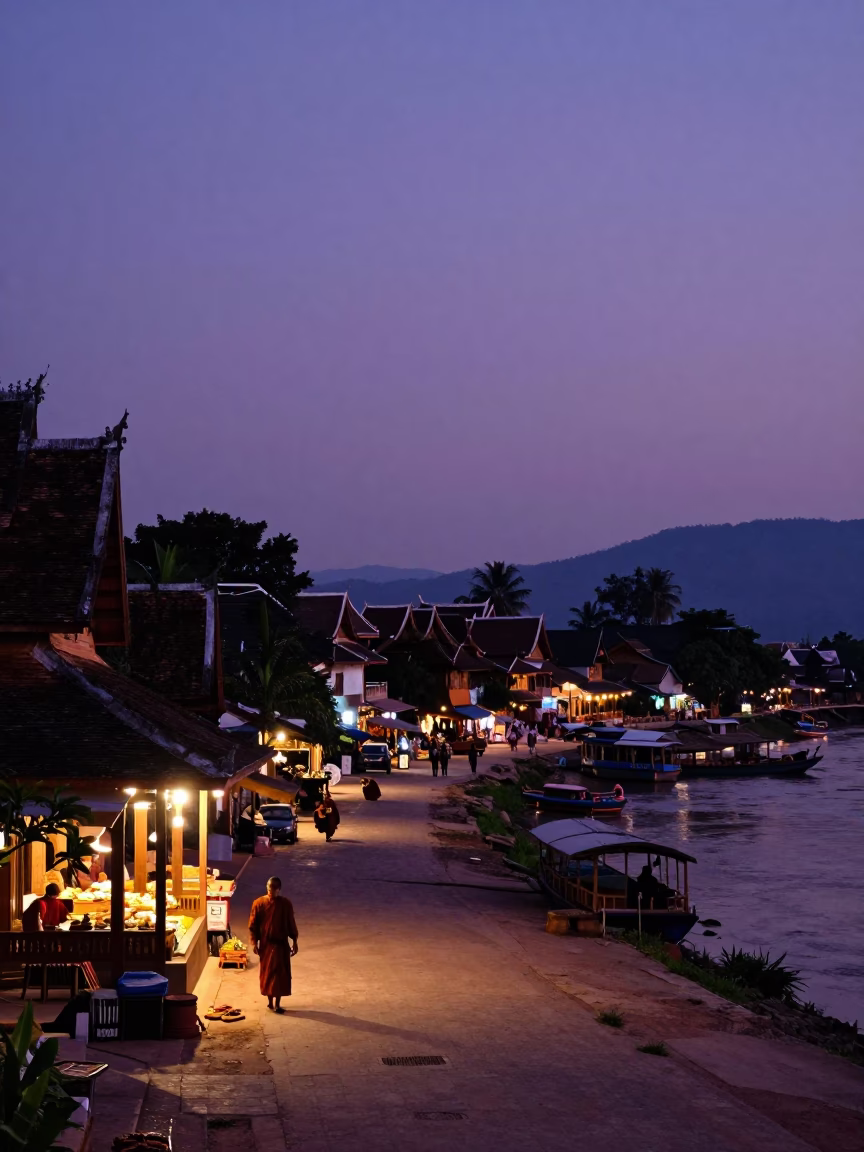 Luang Prabang Laos Nautical Dawn Street Scene with Monk Alms and Local Market Activity in in Luang Prabang, Laos