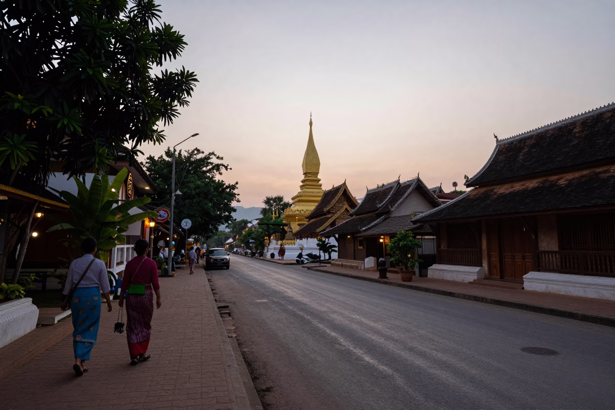 Luang Prabang Laos Nautical Dawn Street Scene with Traditional Costume and Glass Carafe in in Luang Prabang, Laos