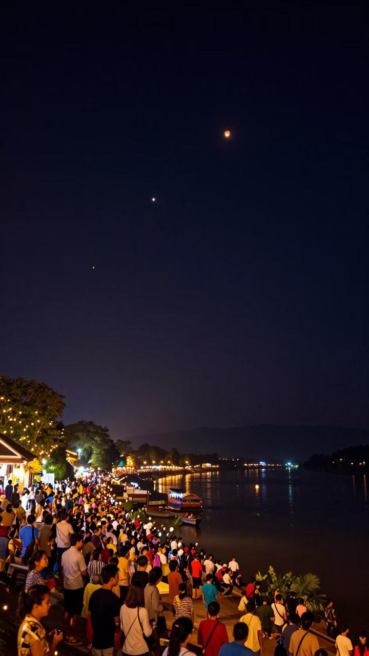 Luang Prabang Laos Night Lantern Festival Sky Lanterns Rising Over Mekong River Street Scene in in Luang Prabang, Laos