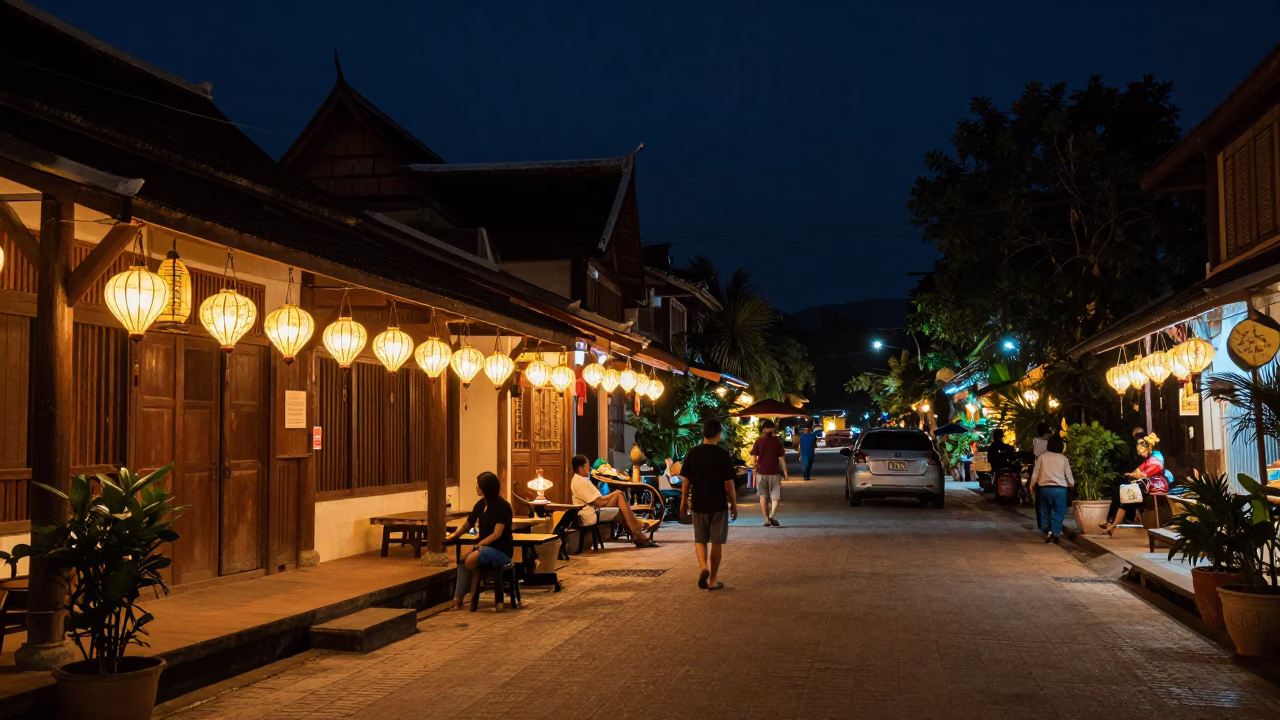 Luang Prabang Laos Night Street Scene with Lanterns and Local Life in in Luang Prabang, Laos