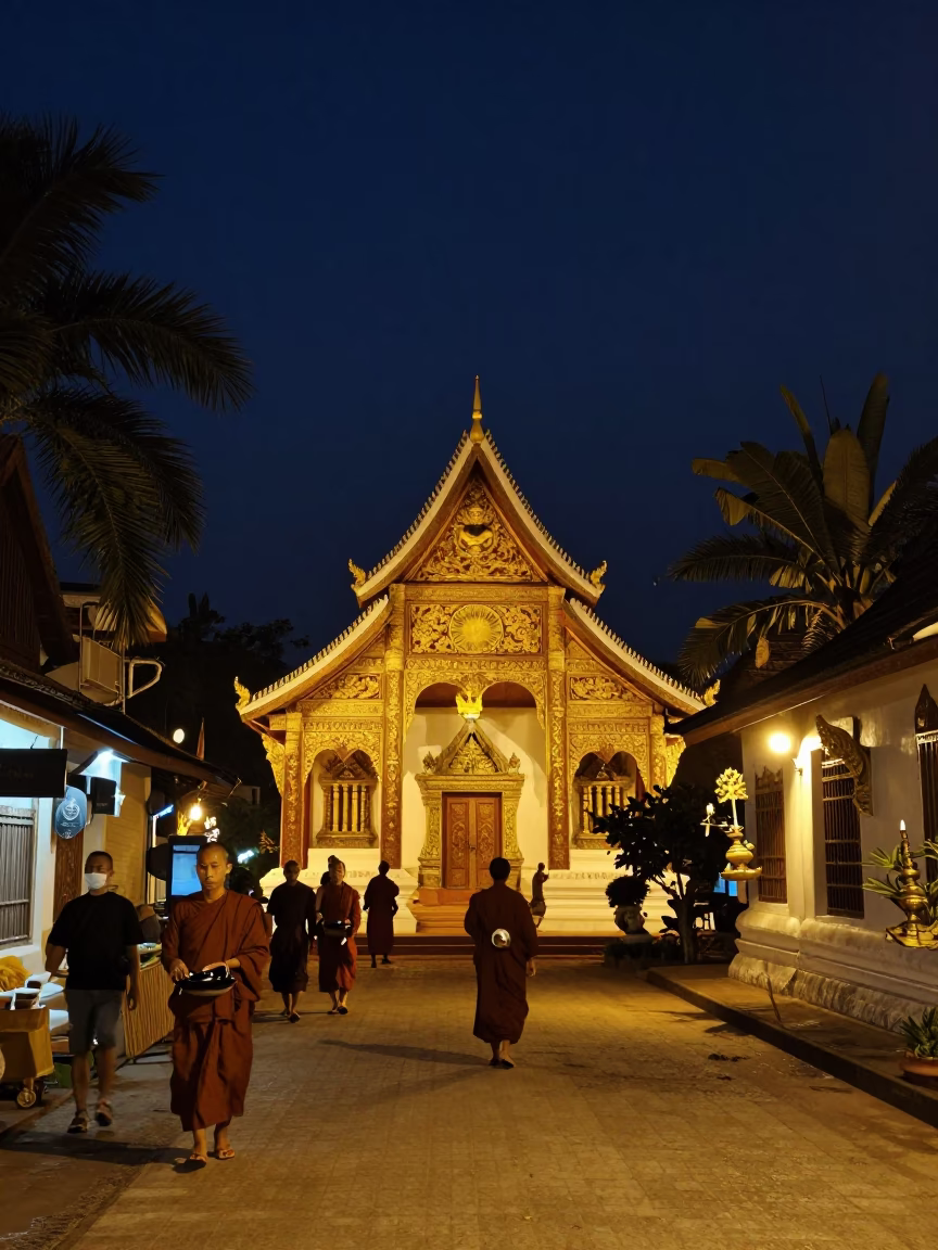 Luang Prabang Laos night street scene with monk alms and temple architecture in in Luang Prabang, Laos