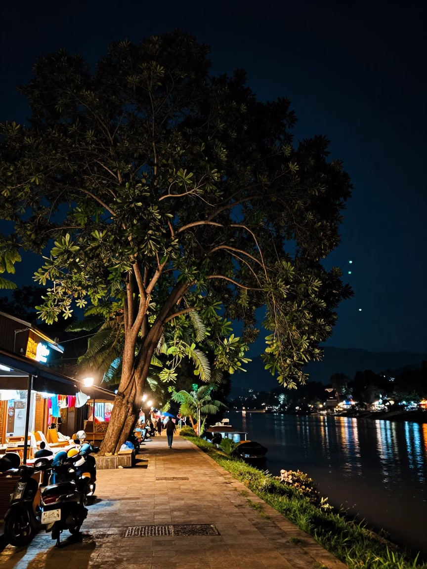 Luang Prabang Laos Night Street Scene with Tamarind Tree and Local Market Activity in in Luang Prabang, Laos