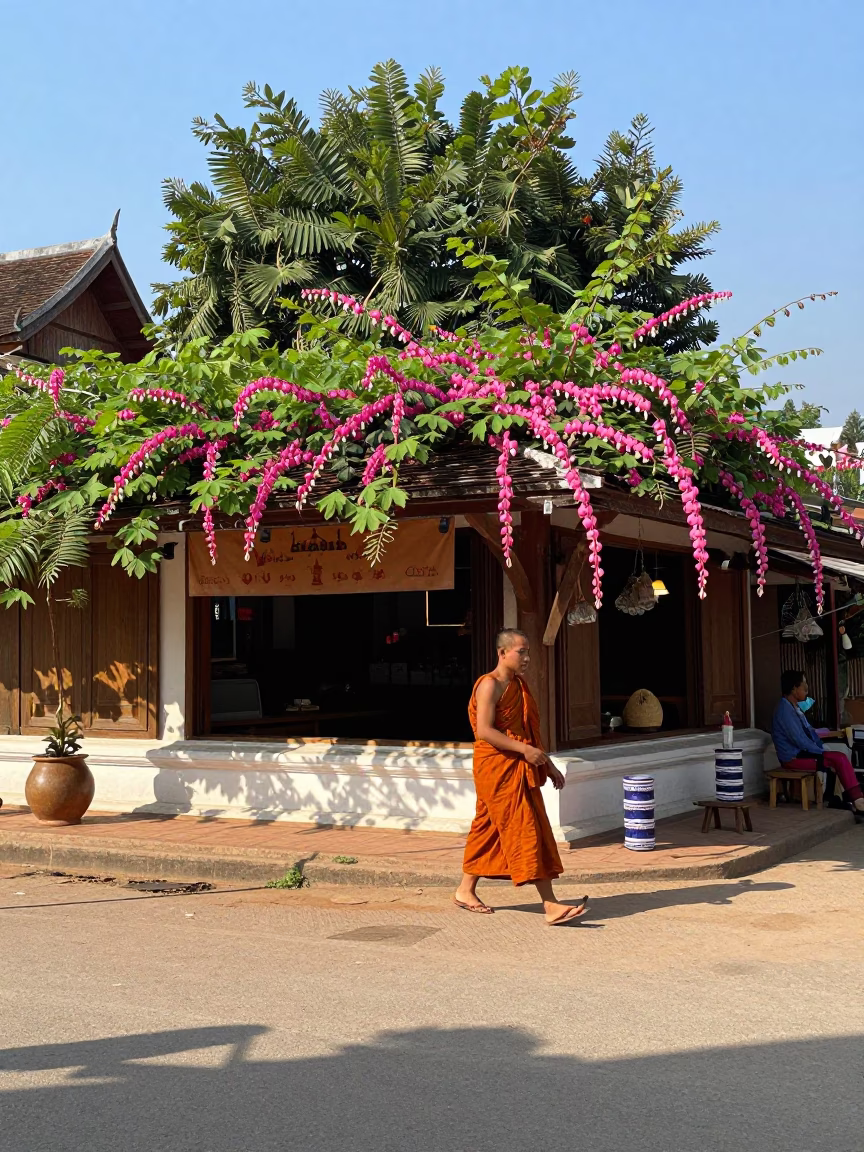 Luang Prabang Laos Noon Street Scene with Bleeding Heart Vine and Local Life in in Luang Prabang, Laos