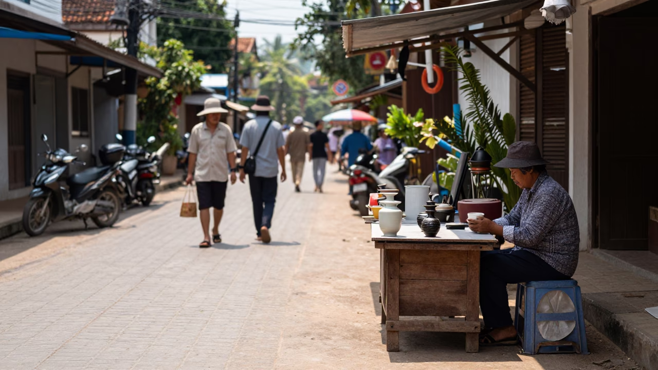 Luang Prabang Laos Noon Street Scene with Ceramic Cup and Fig Vendor in in Luang Prabang, Laos