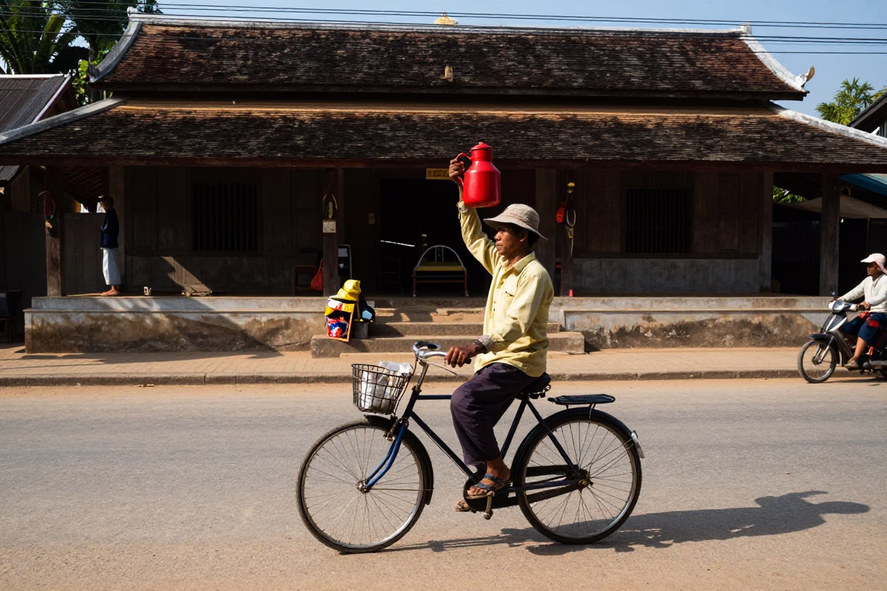 Luang Prabang Laos Noon Street Scene with Enamel Pitcher and Bicycle in in Luang Prabang, Laos