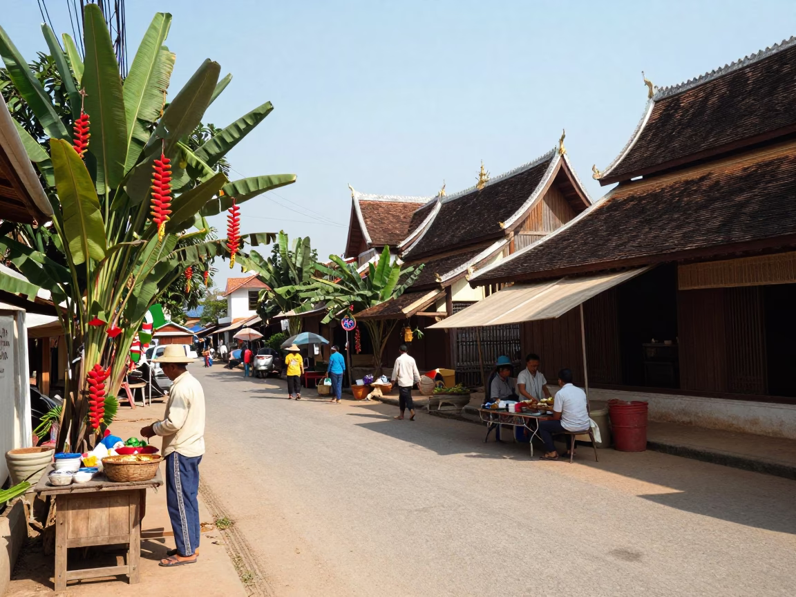 Luang Prabang Laos noon street scene with heliconia flowers and local life in in Luang Prabang, Laos