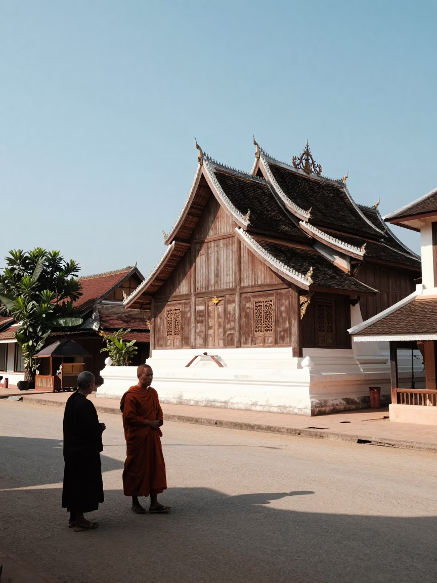 Luang Prabang Laos Noon Street Scene with Monk Alms and Local Shop in in Luang Prabang, Laos
