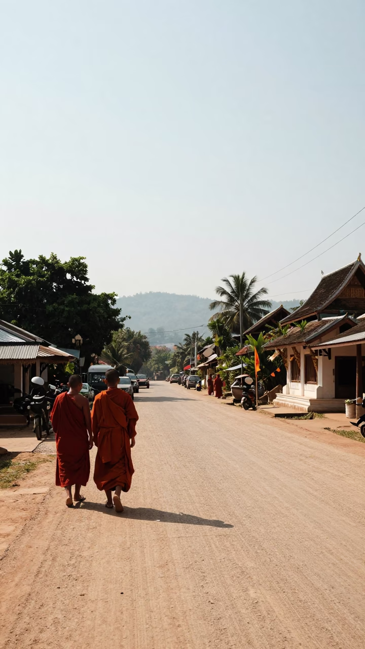 Luang Prabang Laos Noon Street Scene With Monks And Local Life in in Luang Prabang, Laos