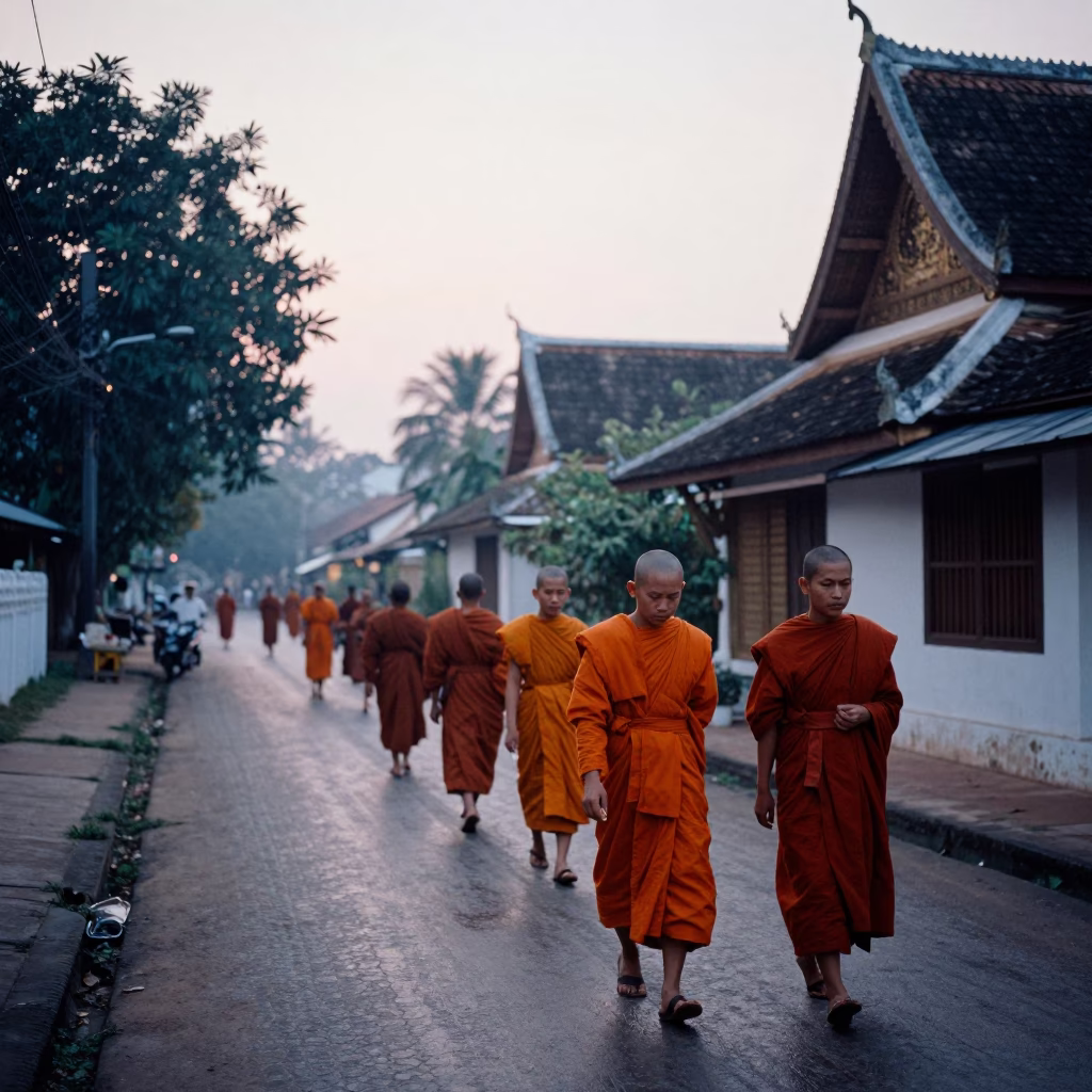 Luang Prabang Laos Pre-Dawn Street Scene with Monks and Local Life in in Luang Prabang, Laos