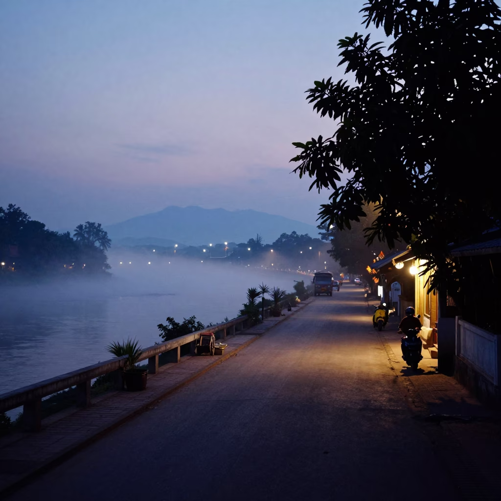Luang Prabang Laos predawn street scene with misty river view and faint electric glow in in Luang Prabang, Laos
