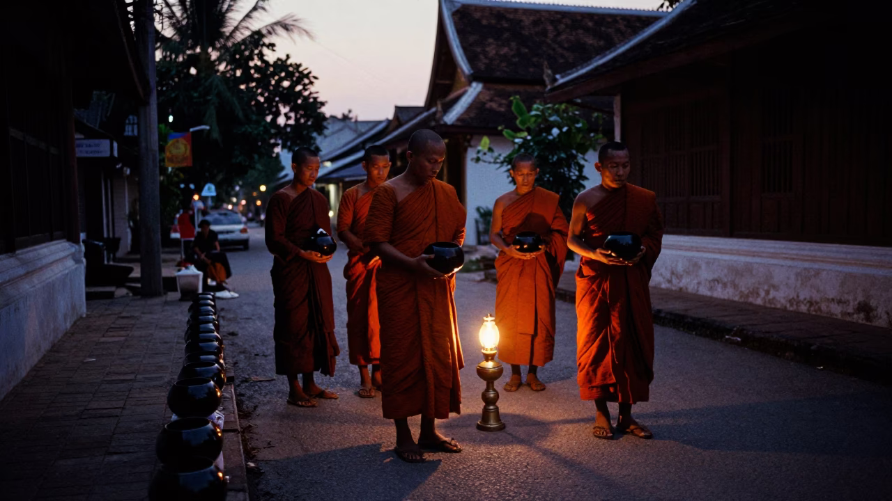 Luang Prabang Laos predawn street scene with monks alms bowls and brooms in in Luang Prabang, Laos