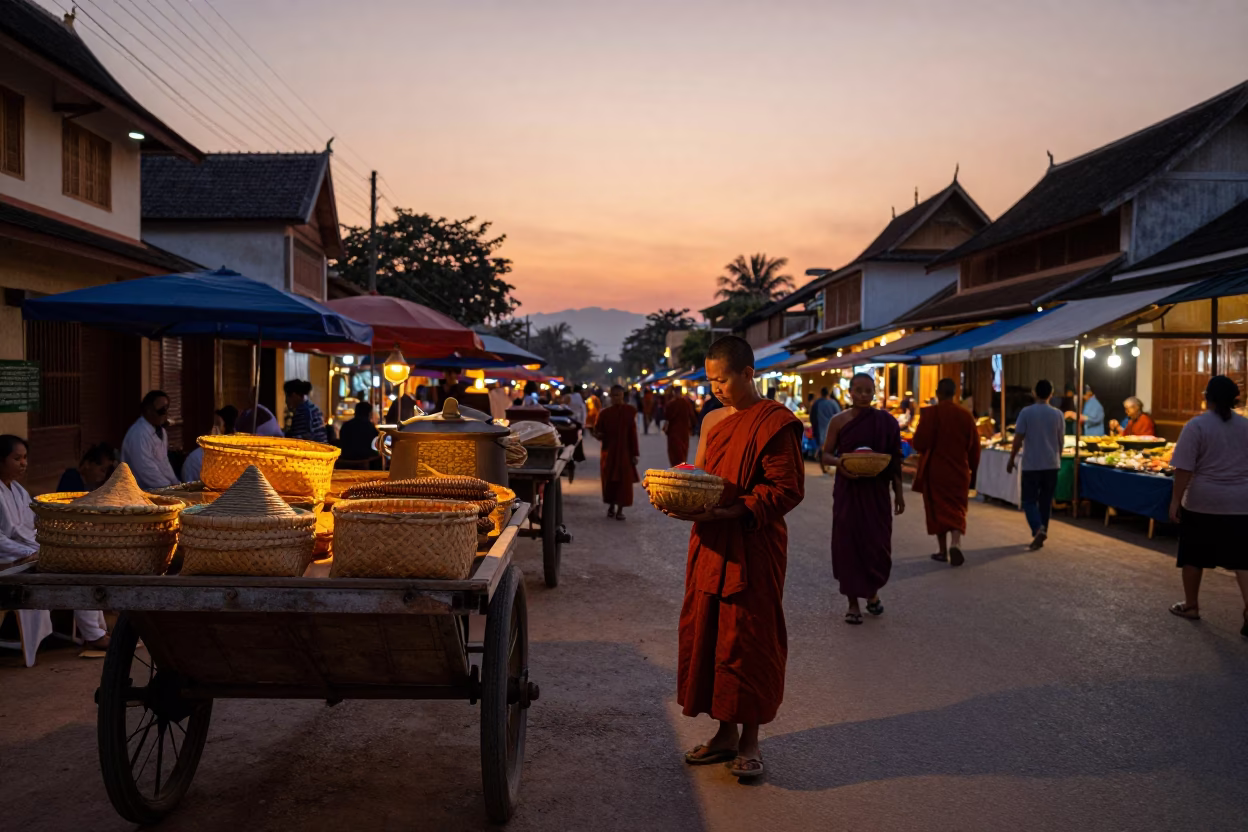 Luang Prabang Laos street market scene at dusk with monk alms and traditional wares in in Luang Prabang, Laos